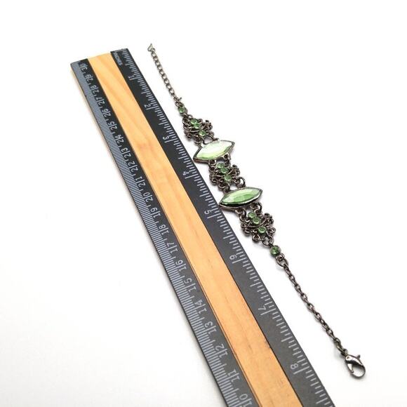 Green Rhinestone Link Bracelet, Rustic Silver Tone, 8 1/2 Inches - Picture 3 of 6